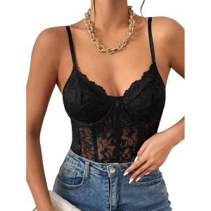 imageMilumia Womens Sexy Floral Lace Sheer Mesh Corset Bodysuit Spaghetti Strap Cami Tops Going OutBlack