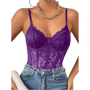 imageMilumia Womens Sexy Floral Lace Sheer Mesh Corset Bodysuit Spaghetti Strap Cami Tops Going OutDark Purple