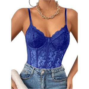 imageMilumia Womens Sexy Floral Lace Sheer Mesh Corset Bodysuit Spaghetti Strap Cami Tops Going OutDeep Blue