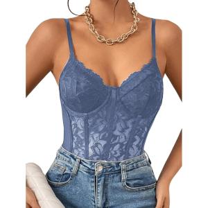 imageMilumia Womens Sexy Floral Lace Sheer Mesh Corset Bodysuit Spaghetti Strap Cami Tops Going OutDusty Blue
