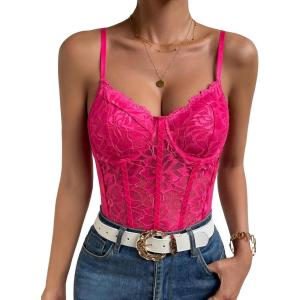 imageMilumia Womens Sexy Floral Lace Sheer Mesh Corset Bodysuit Spaghetti Strap Cami Tops Going OutHot Pink