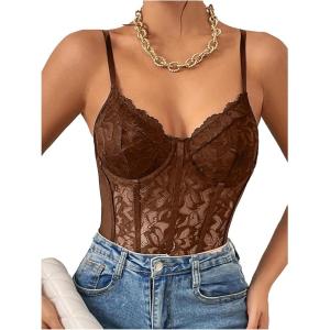 imageMilumia Womens Sexy Floral Lace Sheer Mesh Corset Bodysuit Spaghetti Strap Cami Tops Going OutLight Brown