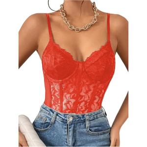 imageMilumia Womens Sexy Floral Lace Sheer Mesh Corset Bodysuit Spaghetti Strap Cami Tops Going OutOrange