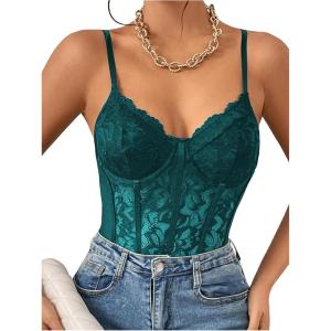 imageMilumia Womens Sexy Floral Lace Sheer Mesh Corset Bodysuit Spaghetti Strap Cami Tops Going OutTeal Blue