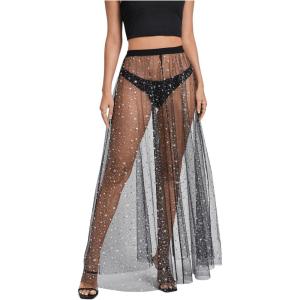 imageMilumia Womens Sheer Mesh Skirt See Through A Line High Waist Maxi SkirtSilver