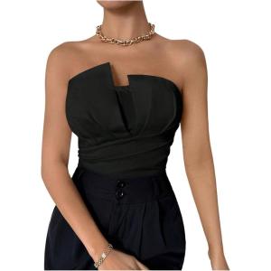 imageMilumia Womens Strapless Ruched Bodysuit Elegant Sleeveless Slim Fit Work Bandeau TopBlack