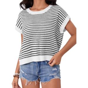 imageMilumia Womens Striped Short Sleeve Sweater Vest 2025 Summer Cap Sleeve Pullover Tank TopBlack