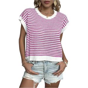 imageMilumia Womens Striped Short Sleeve Sweater Vest 2025 Summer Cap Sleeve Pullover Tank TopHot Pink