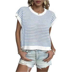 imageMilumia Womens Striped Short Sleeve Sweater Vest 2025 Summer Cap Sleeve Pullover Tank TopLight Blue