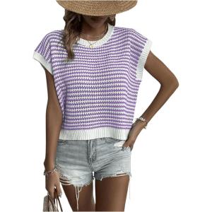 imageMilumia Womens Striped Short Sleeve Sweater Vest 2025 Summer Cap Sleeve Pullover Tank TopPurple
