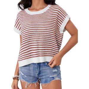 imageMilumia Womens Striped Short Sleeve Sweater Vest 2025 Summer Cap Sleeve Pullover Tank TopRed