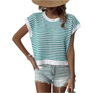 imageMilumia Womens Striped Short Sleeve Sweater Vest 2025 Summer Cap Sleeve Pullover Tank TopTeal Green