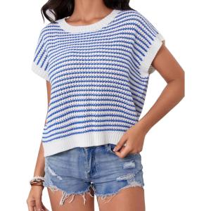 imageMilumia Womens Striped Short Sleeve Sweater Vest 2025 Summer Cap Sleeve Pullover Tank TopWhite and Blue