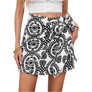 imageMilumia Womens Summer Boho Wrap Mini Skirt Allover Print High Waisted Knot Side Short Vacation Beach SkirtBlack