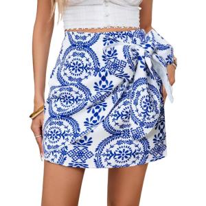 imageMilumia Womens Summer Boho Wrap Mini Skirt Allover Print High Waisted Knot Side Short Vacation Beach SkirtLight Blue