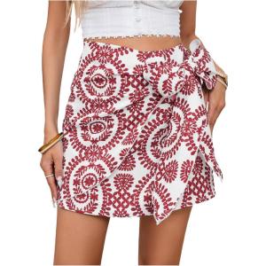 imageMilumia Womens Summer Boho Wrap Mini Skirt Allover Print High Waisted Knot Side Short Vacation Beach SkirtRed