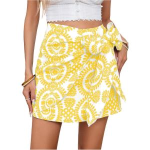 imageMilumia Womens Summer Boho Wrap Mini Skirt Allover Print High Waisted Knot Side Short Vacation Beach SkirtYellow