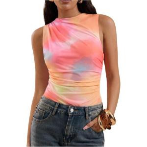 imageMilumia Womens Tie Dye Mesh Bodysuits Sleeveless Mock Neck Ruched Body SuitPink Orange