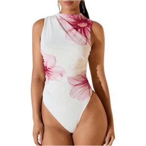 imageMilumia Womens Tie Dye Mesh Bodysuits Sleeveless Mock Neck Ruched Body SuitPink and White
