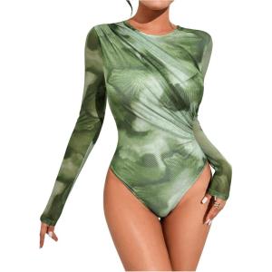 imageMilumia Womens Tie Dye Wrap Front Ruched Mesh Tee Bodysuit Long Sleeve Leotard TopsGreen