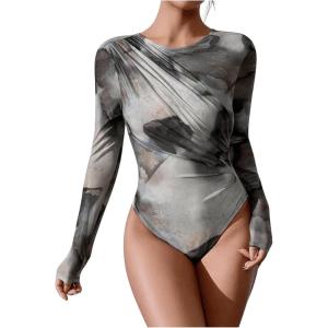 imageMilumia Womens Tie Dye Wrap Front Ruched Mesh Tee Bodysuit Long Sleeve Leotard TopsGrey