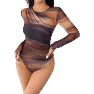 imageMilumia Womens Tie Dye Wrap Front Ruched Mesh Tee Bodysuit Long Sleeve Leotard TopsMulti Brown