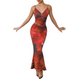 imageMilumia Womens Vacation Outfit Floral Spaghetti Strap Cami and Bodycon Maxi Skirt SetFloral Red