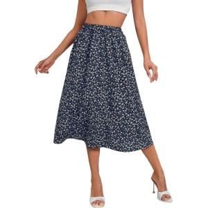 imageMilumia Womens Vintage Printed A Line High Waist Flare Flowy Casual Midi SkirtsDark Blue