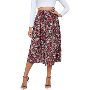 imageMilumia Womens Vintage Printed A Line High Waist Flare Flowy Casual Midi SkirtsDisty Floral Red
