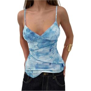 imageMilumia Womens Y2K Floral Cami Tank Top Spaghetti Strap Sheer Mesh V Neck Summer Going Out TopsBlue