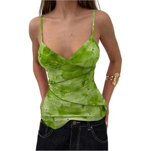 imageMilumia Womens Y2K Floral Cami Tank Top Spaghetti Strap Sheer Mesh V Neck Summer Going Out TopsGreen