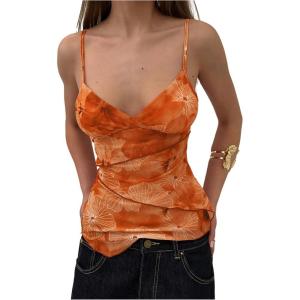 imageMilumia Womens Y2K Floral Cami Tank Top Spaghetti Strap Sheer Mesh V Neck Summer Going Out TopsOrange