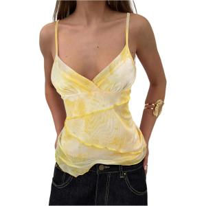 imageMilumia Womens Y2K Floral Cami Tank Top Spaghetti Strap Sheer Mesh V Neck Summer Going Out TopsYellow