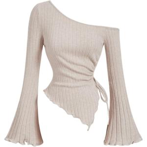 imageMilumia Womens Y2K One Off The Shoulder Fitted Knit Top Asymmetrical Bell Long Sleeve TopApricot