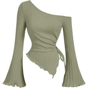 imageMilumia Womens Y2K One Off The Shoulder Fitted Knit Top Asymmetrical Bell Long Sleeve TopArmy Green