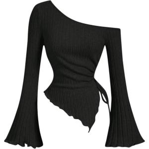 imageMilumia Womens Y2K One Off The Shoulder Fitted Knit Top Asymmetrical Bell Long Sleeve TopBlack