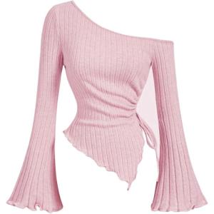 imageMilumia Womens Y2K One Off The Shoulder Fitted Knit Top Asymmetrical Bell Long Sleeve TopPink