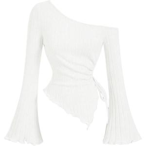 imageMilumia Womens Y2K One Off The Shoulder Fitted Knit Top Asymmetrical Bell Long Sleeve TopWhite