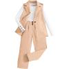 imageMilumia Girls 3 Piece Outfits Long Sleeve Tee Shirt and Blazer Vest with PantsKhaki