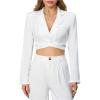 imageMilumia Womens Long Sleeve Lapel Neck Tie Back Crop Wrap Blazer Crisscross Button Down Shoulder Pad Cropped JacketWhite