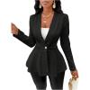 imageMilumia Womens Textured Ruffle Hem Blazer Single Button Shawl Collar Long Sleeve JacketBlack