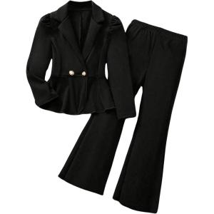 imageMilumia Girls 2 Piece Outfits Ruffle Long Sleeve Button Blazer and PantsBlack Plain