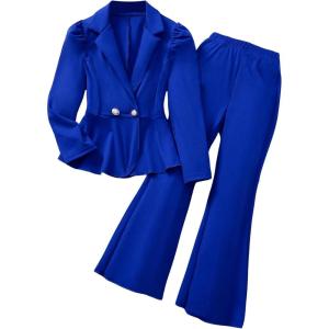 imageMilumia Girls 2 Piece Outfits Ruffle Long Sleeve Button Blazer and PantsBlue