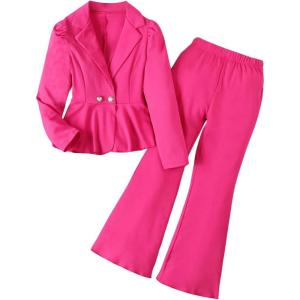 imageMilumia Girls 2 Piece Outfits Ruffle Long Sleeve Button Blazer and PantsHot Pink Plain