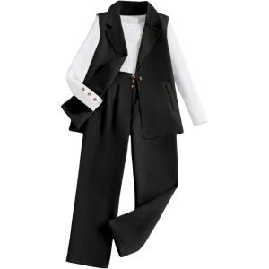 imageMilumia Girls 3 Piece Outfits Long Sleeve Tee Shirt and Blazer Vest with PantsBlack
