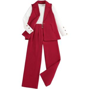 imageMilumia Girls 3 Piece Outfits Long Sleeve Tee Shirt and Blazer Vest with PantsBurgundy