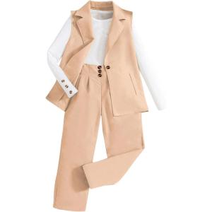 imageMilumia Girls 3 Piece Outfits Long Sleeve Tee Shirt and Blazer Vest with PantsKhaki