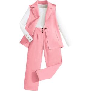 imageMilumia Girls 3 Piece Outfits Long Sleeve Tee Shirt and Blazer Vest with PantsPink