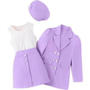 imageMilumia Girls 4 Piece Outfits Knit Top Mini Skirt and Blazer Jacket with HatsPurple