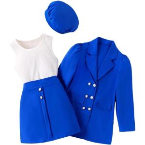 imageMilumia Girls 4 Piece Outfits Knit Top Mini Skirt and Blazer Jacket with HatsRoyal Blue Plain